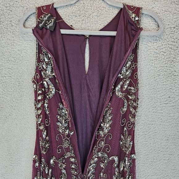 Pisarro Night Womens T Length Silver Beaded Gown Sz 8 Wine Color Chiffon Lined - Picture 11 of 15